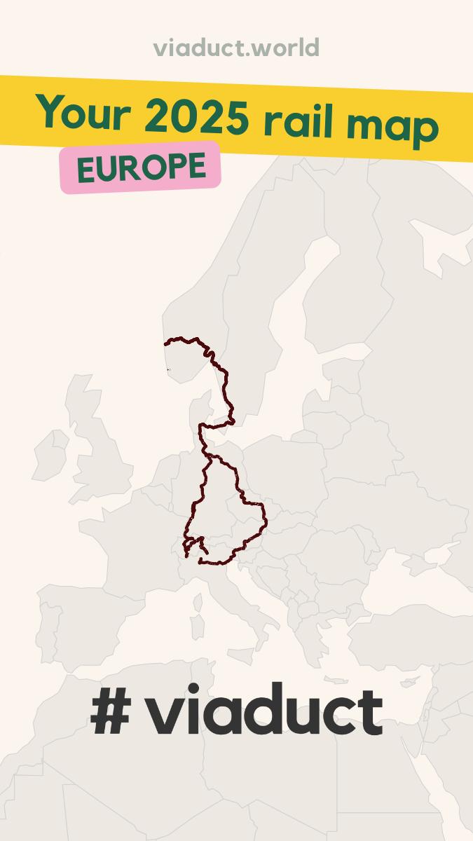 Kart av togturar i Europa. Går frå Bergen og sør. Innom Sverige, Danmark, Tyskland, og ned til Sveits og Italia.|200